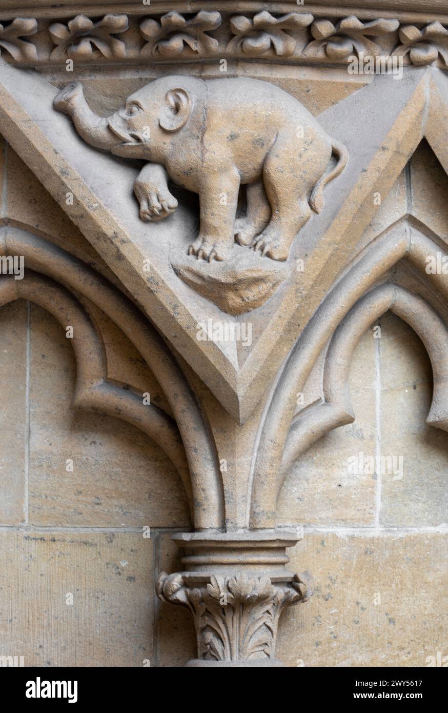 Metz, Kathedrale Saint-Etienne, Marienportal, Portail de la Vierge oder Notre-Dame / Portal der Jungfrau, Elefant Stockfoto
