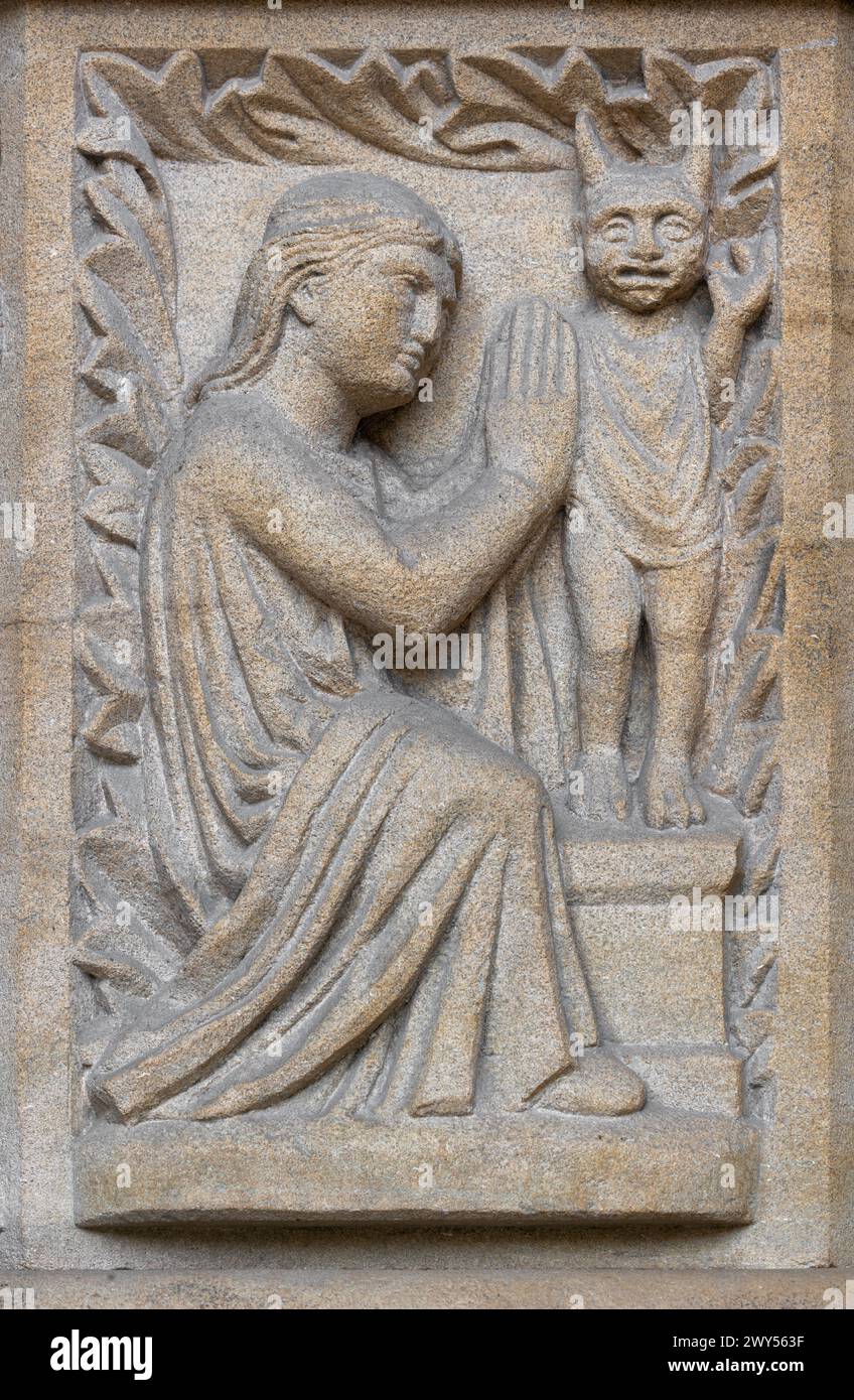 Metz, Kathedrale Saint-Etienne, Marienportal, Portail de la Vierge oder Notre-Dame / Portal der Jungfrau, Betende mit Teufel Stockfoto
