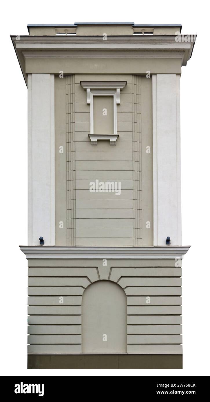 Ein kleiner Steinturm als Dekoration für ein altes Haus. Isoliert auf weiß Stockfoto