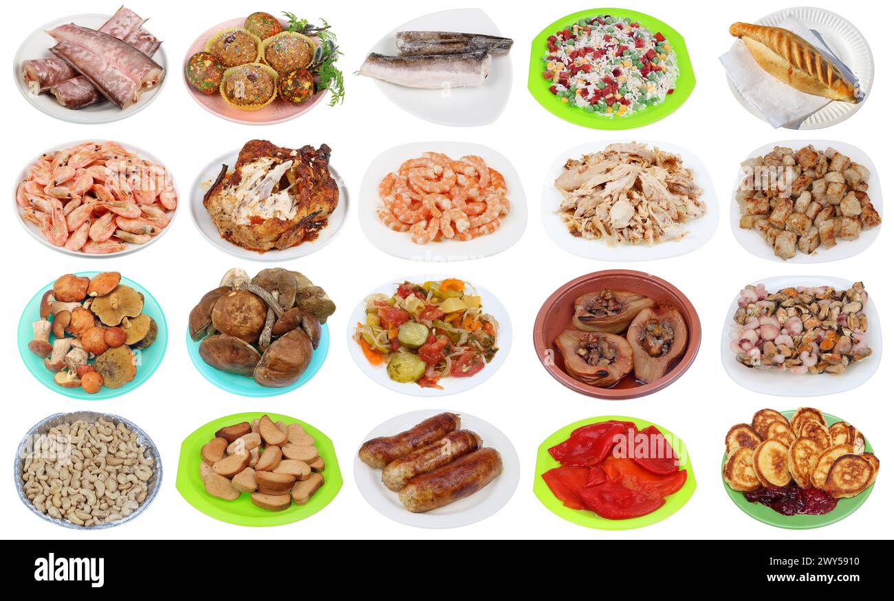 Verschiedene Speisen auf Tellern Set. Isoliert auf weiß Stockfoto