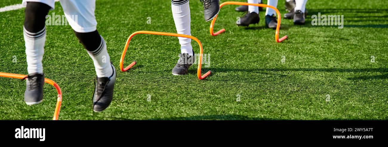 Eine Gruppe von Fußballspielern in ihren Mannschaftsuniformen steht triumphierend auf einem üppig grünen Fußballfeld, vereint in Feiern und Siegen. Stockfoto