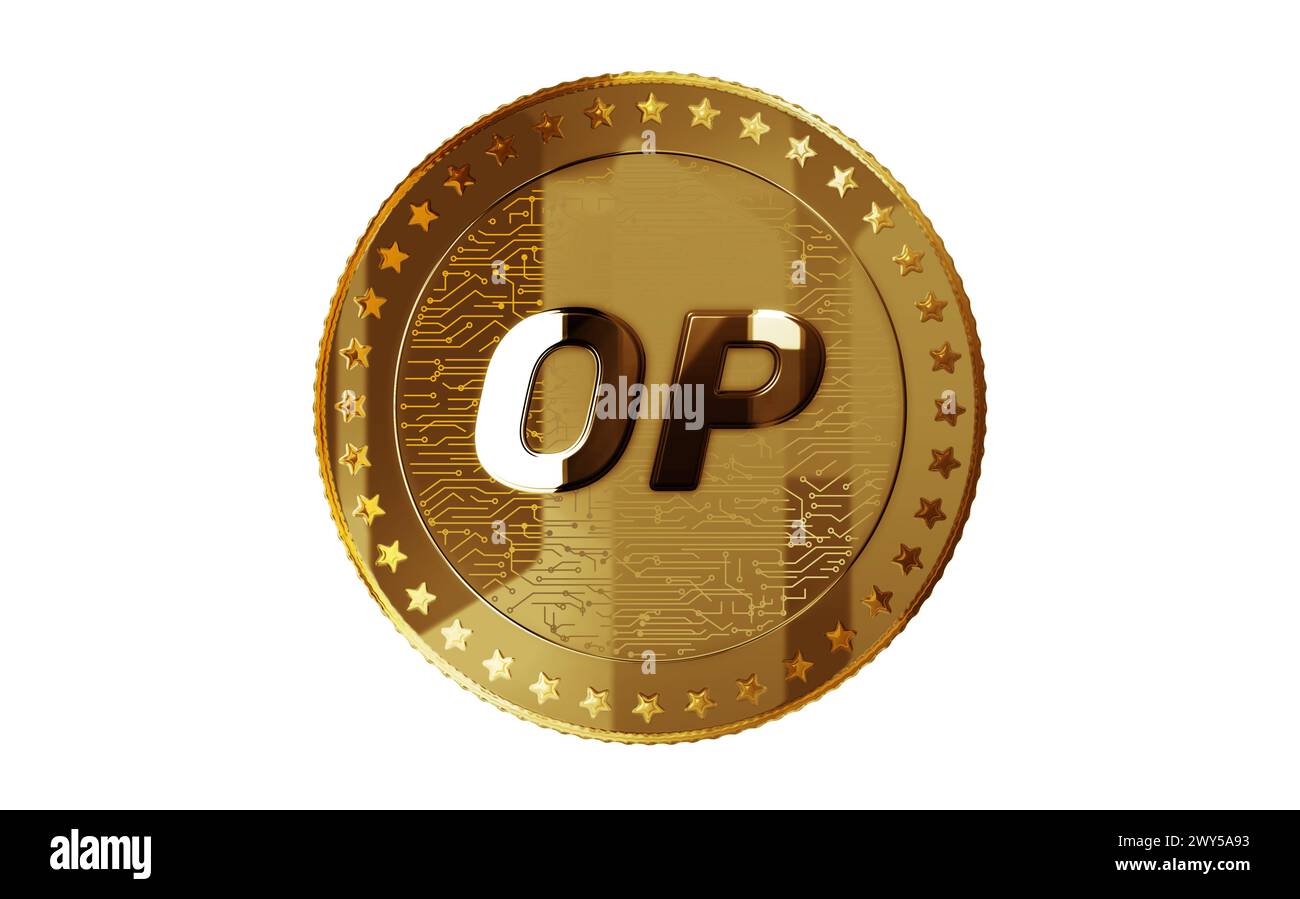 Optimismus OP Kryptowährung isolierte Goldmünze auf grünem Bildschirm Hintergrund. Abstraktes Konzept 3D-Illustration. Stockfoto