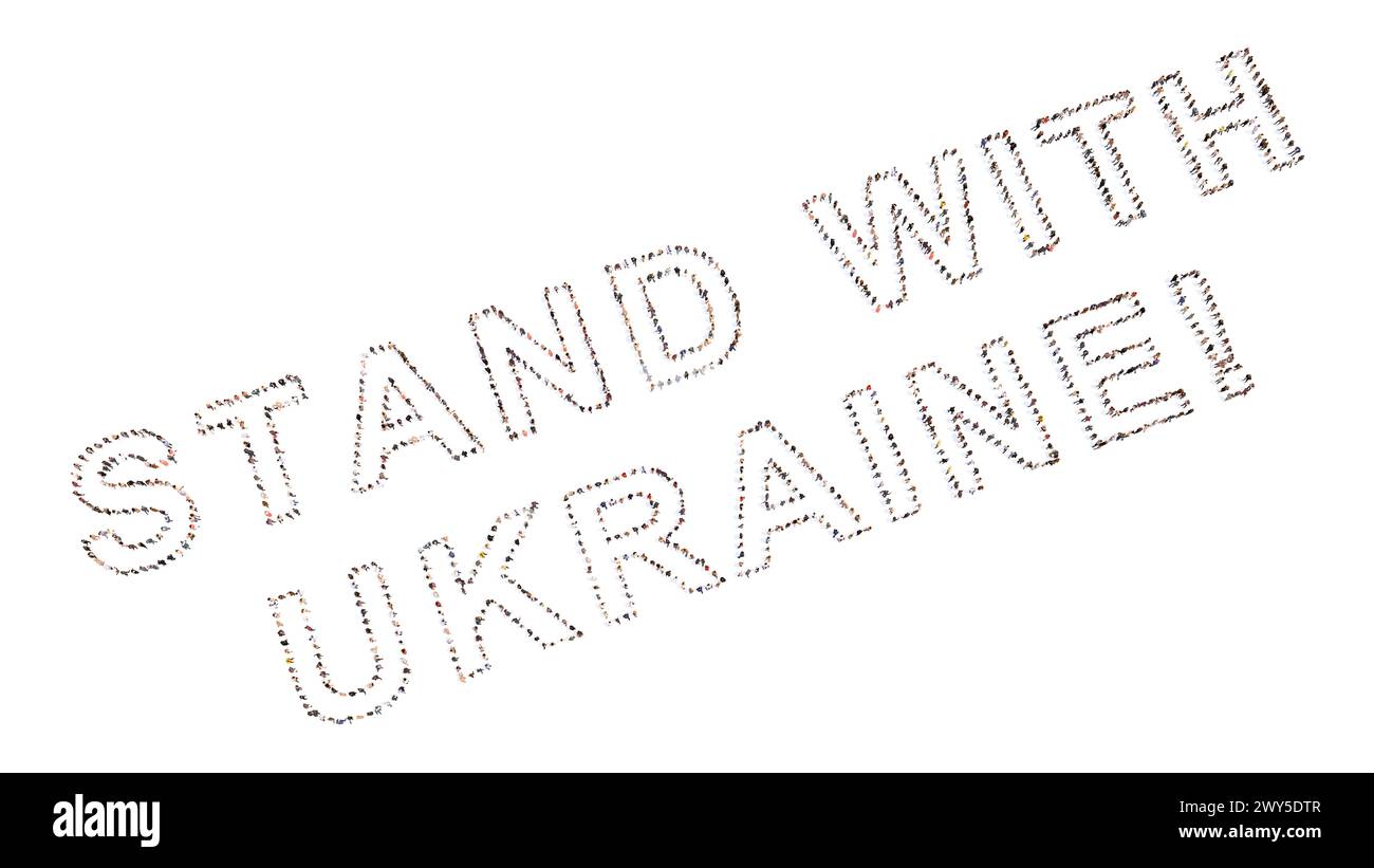 Konzept große Gemeinschaft von Menschen, die MIT DER Botschaft DER UKRAINE STEHEN. 3D Illustration Metapher für Solidarität, Zusammenarbeit, Mitgefühl, Freundlichkeit Stockfoto