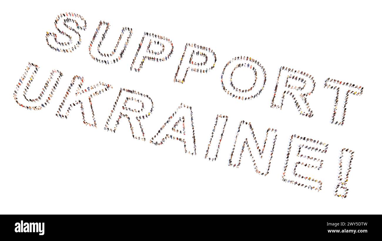 Concept Community of People Forming SUPPORT UKRAINE Slogan. 3D Illustration Metapher für Gemeinschaft, Freundschaft, Mitgefühl, Freundlichkeit und Großzügigkeit Stockfoto