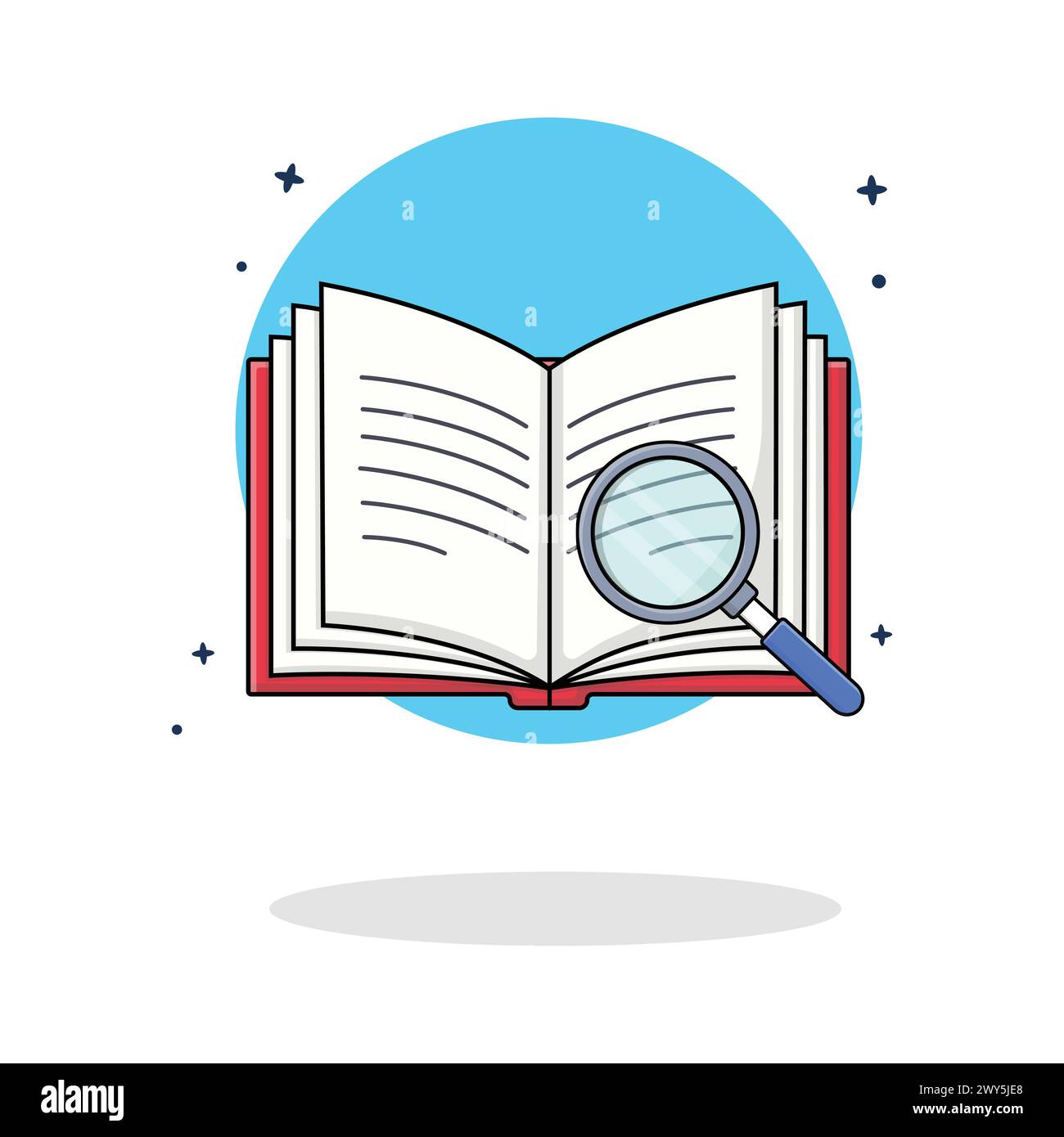 Öffnen Sie Buch und Lupenvektor-Illustration. Konzeptdesign für Forschung und Analyse Stock Vektor