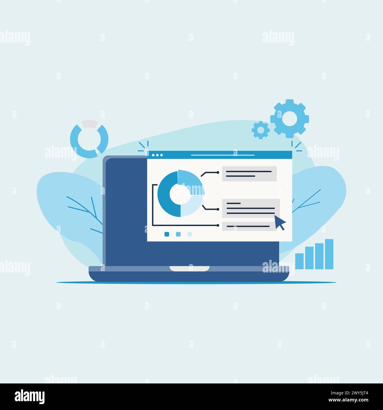 Leistungsanalyse und Überprüfung aller Diagramme und Daten auf Laptop-Bildschirm-Vektorillustration Stock Vektor