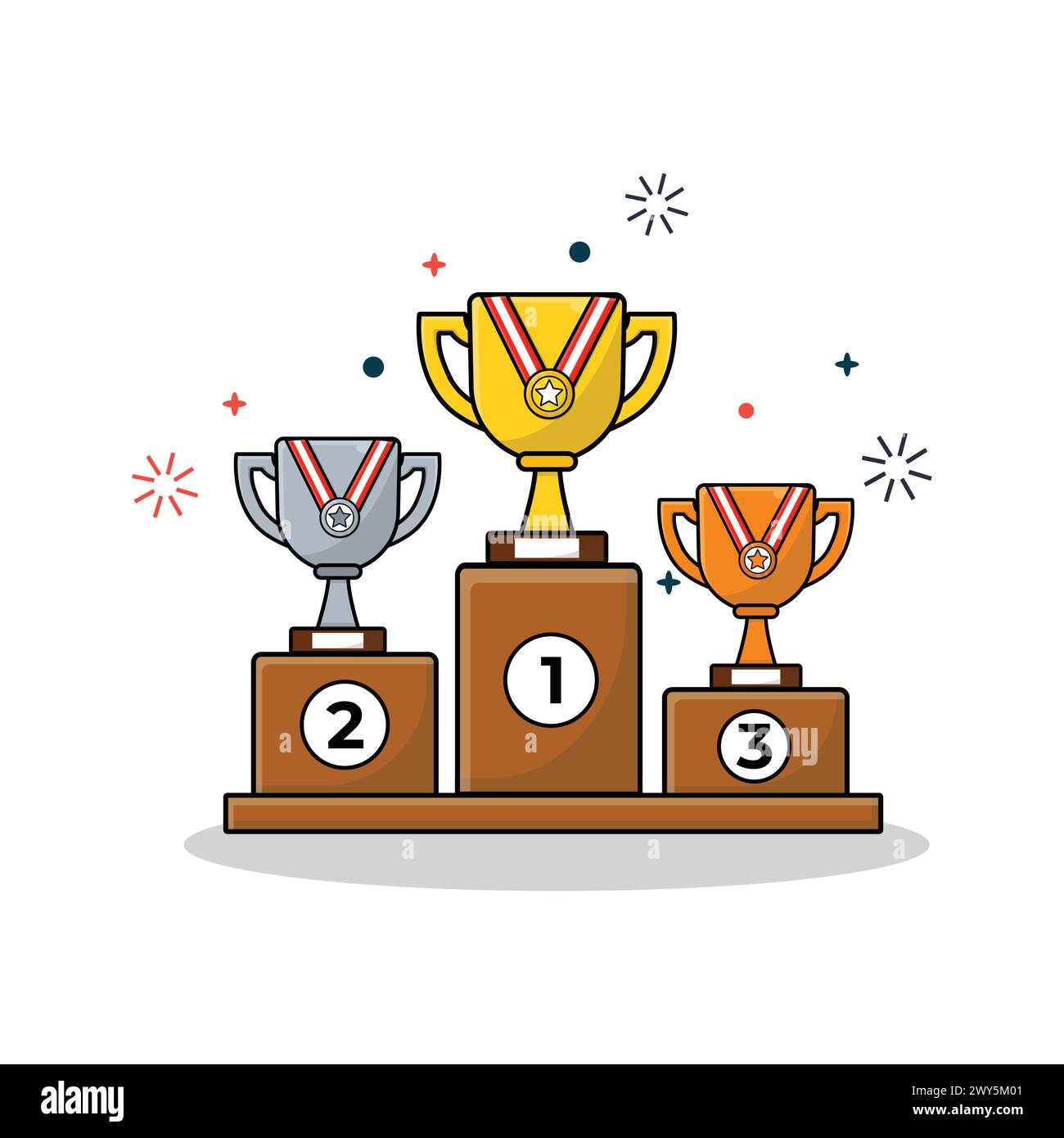 Trophäen auf Podium Line Vector Illustration. Gewinner 1. 2. Und 3. Position Stock Vektor