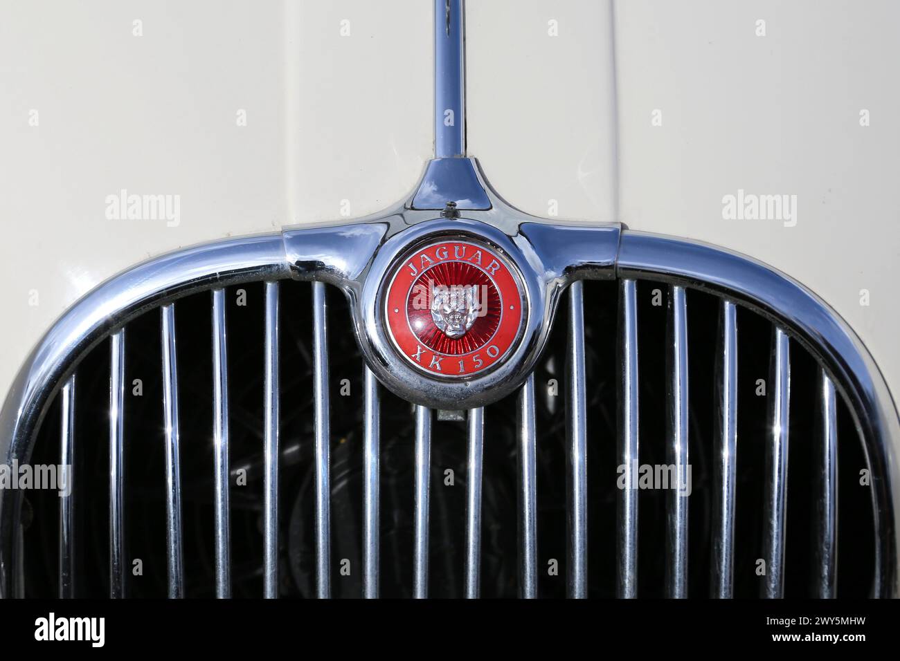 Jaguar XK150 3,4 DHC (1959) Motorhaubenabzeichen, Easter Gathering (Fahrzeuge vor 1994), 30. März 2024, Brooklands Museum, Weybridge, Surrey, England, Großbritannien, Europa Stockfoto