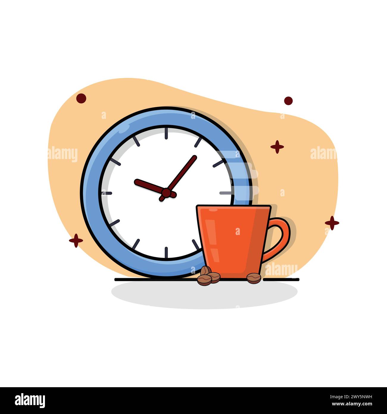 Kaffeetasse und Uhr Vektor Illustration Kaffeezeit Konzept flache Zeichentrickstil Design Stock Vektor