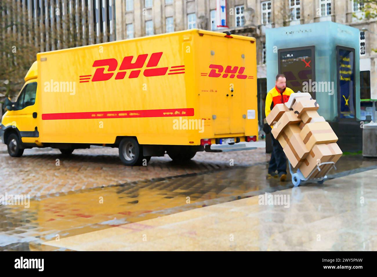 DHL Bediensteter Paketbote - gesehen am 04.04.2024 in Hannover-Innenstadt *** DHL Mitarbeiter Paketfrachtführer gesehen am 04 04 2024 in Hannover Innenstadt Stockfoto