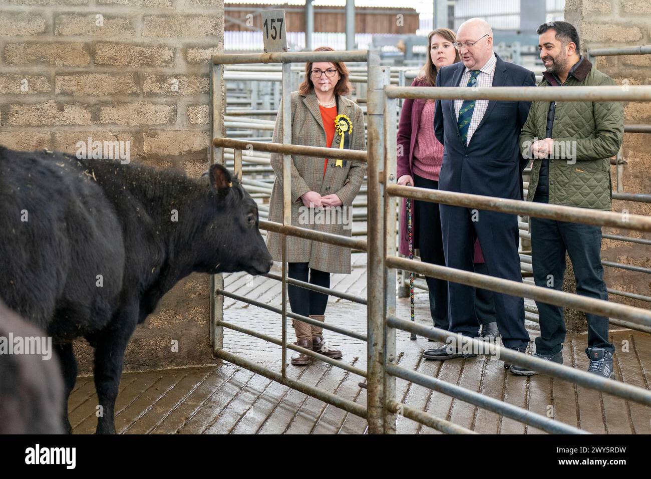 Premierminister Humza Yousaf (rechts) mit Lucy Beattie, SNP-Kandidat für Caithness Sutherland und Easter Ross, Emma Roddick MSP und Geschäftsführer Grant MacPherson während eines Besuchs in Dingwall und Highland Mart in Dingwall in den schottischen Highlands. Bilddatum: Donnerstag, 4. April 2024. Stockfoto