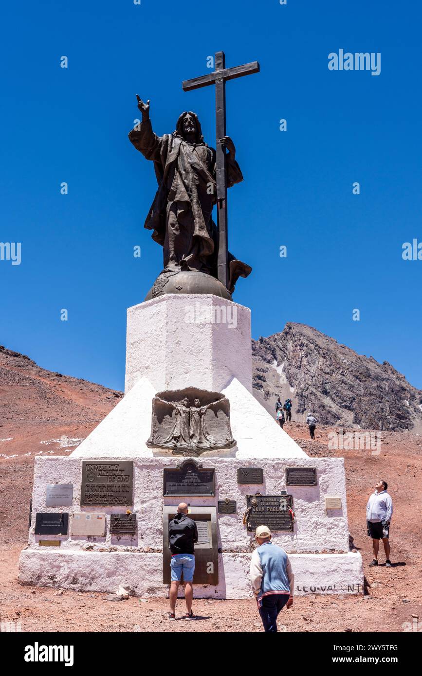 Christus der Erlöser der Andenstatue, Provinz Mendoza, Argentinien. Stockfoto