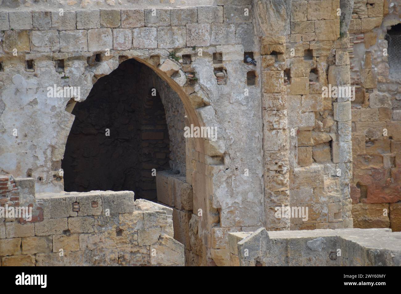 Das Amfiteatre de Tarragona ist ein römisches Amphitheater am Mittelmeer, in dem einst Gladiatorenkämpfe stattfanden. Heute gehört es zum UNESCO-Weltkulturerbe Stockfoto