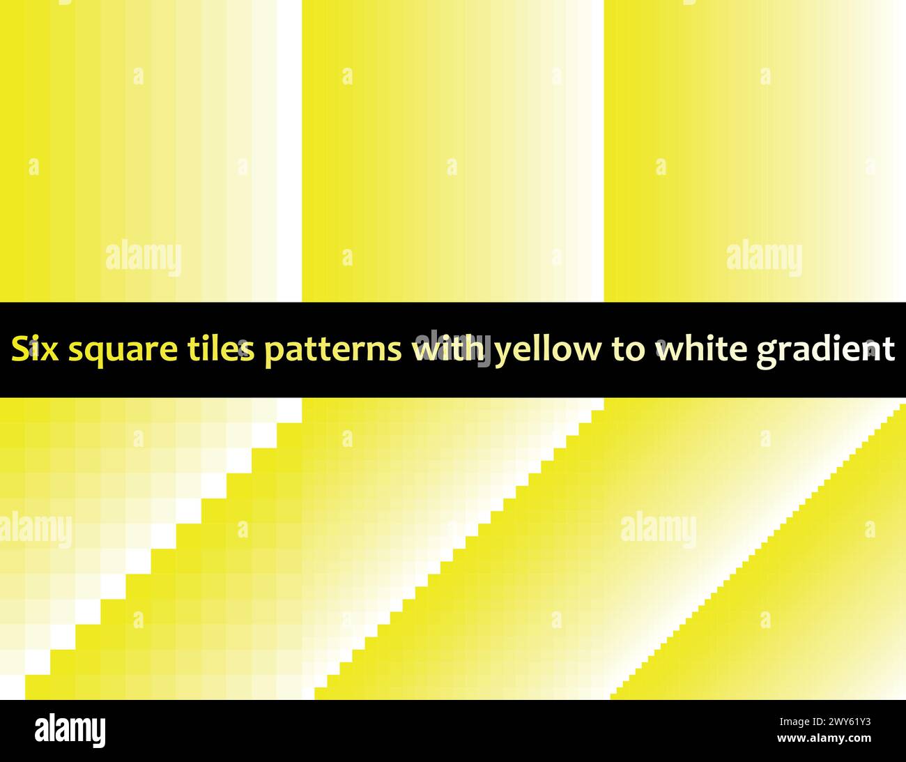 Gelb-weiß-Farbverlauf in quadratischen Fliesen, nahtloses Vektormuster, monochromatisch, 6er-Sammlung Stock Vektor