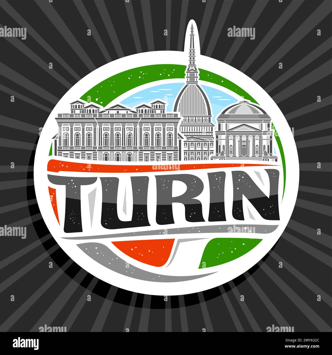 Vektor-Logo für Turin, weißer dekorativer Tag mit Umrissillustration der berühmten turin Stadtlandschaft auf Tag-Himmel-Hintergrund, Kunstdesign Kreis Kühlschrank Stock Vektor