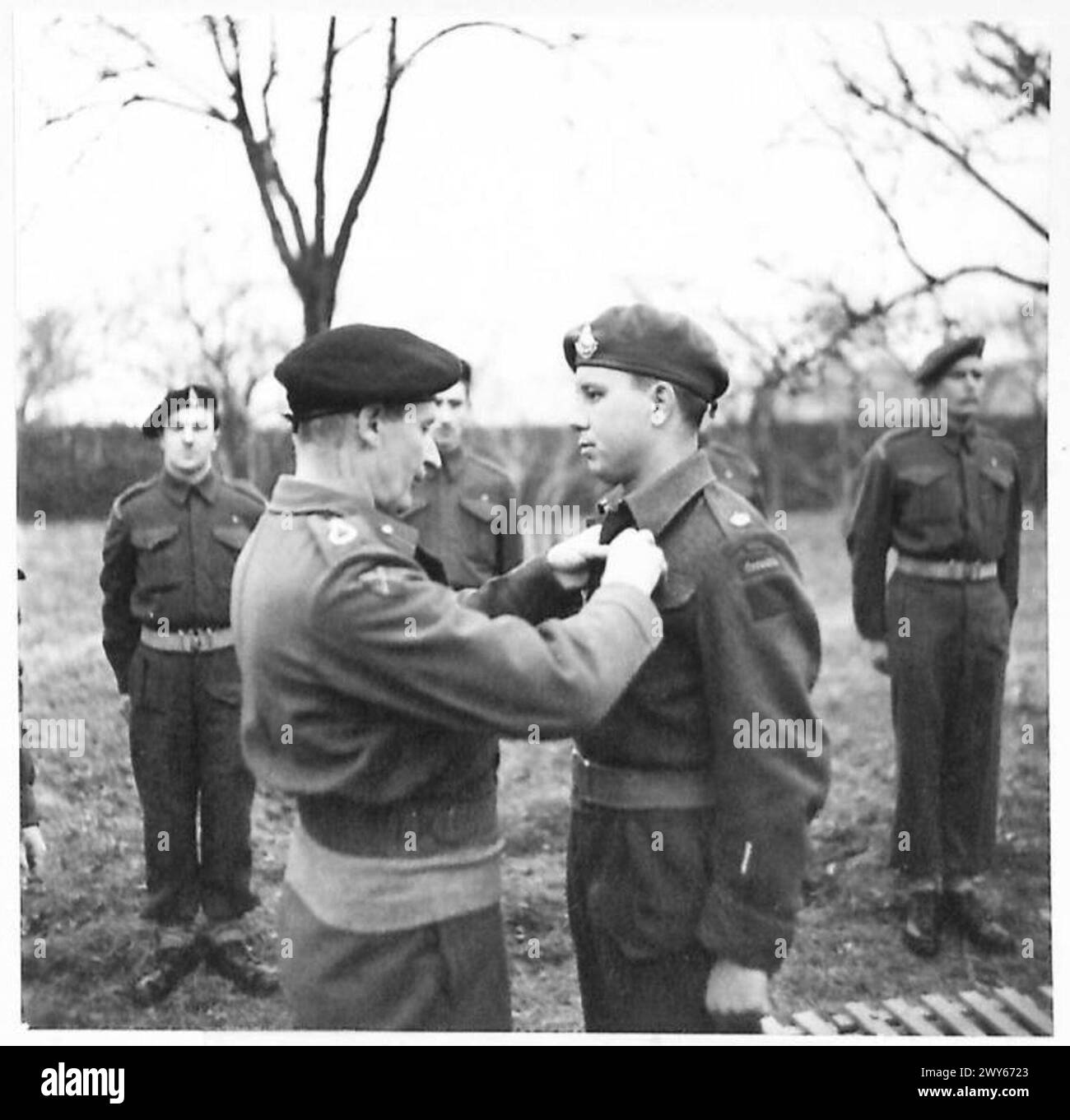 Major J. Brady vom Lincoln and Welland Regiment erhält den Distinguished Service Order vom Feldmarschall Montgomery, während er mit kanadischen Truppen, der britischen Armee, der 21. Armee zusammenarbeitete. Stockfoto