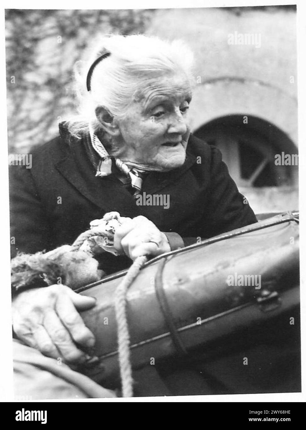 Madame Clereinbosq, 84 Jahre alt, erlebte 1870 und im Ersten Weltkrieg die deutsche Besatzung, verlor ihren Sohn in Verdun und ihr Haus in Baron, kehrt nun in die befreite Normandie zurück. Stockfoto