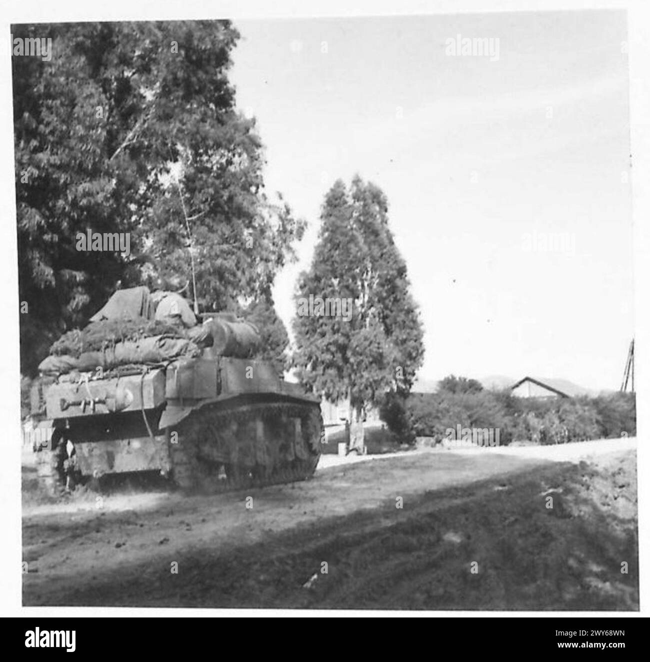 Während des Tunesienfeldzugs bewegt sich ein amerikanischer leichter Panzer M3 am 25. Dezember 1942 in der Nähe von Medjez el Bab, während US-amerikanische und britische Streitkräfte Patrouillen bei schwierigen Wetter- und matschigen Bedingungen durchführen. Stockfoto