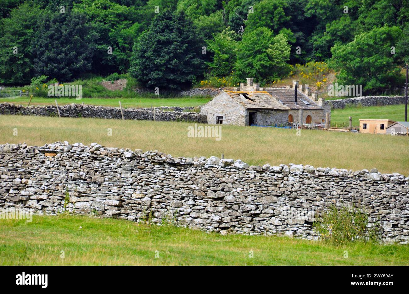 Traditionelle Yorkshire Scheune, die in eine interessante Wohnung umgewandelt wurde. Steinmauern umschließen das Feld mit einer Scheune in der Ecke, um Livestoc zu unterbringen Stockfoto