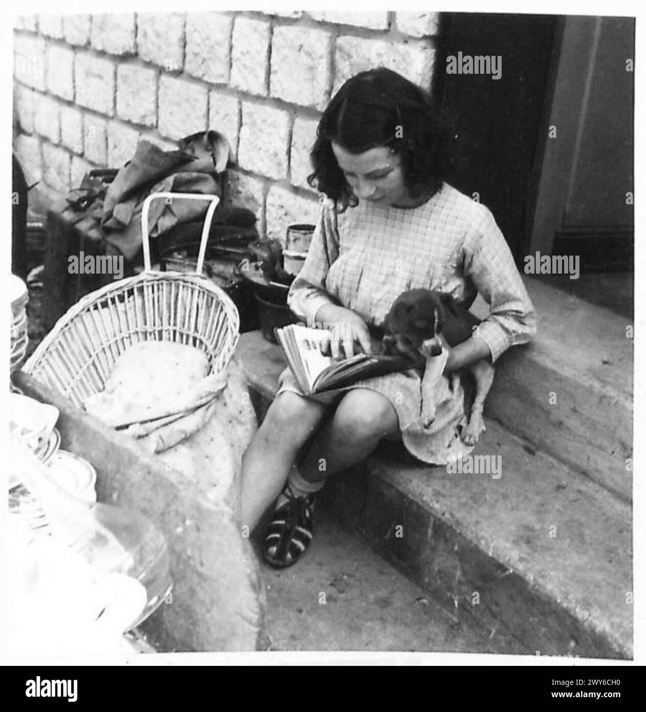 Eine französische Familie entdeckt Wertsachen nach ihrer Rückkehr. Camille überprüft ihre Besitztümer ruhig mit ihrem Hund. Stockfoto