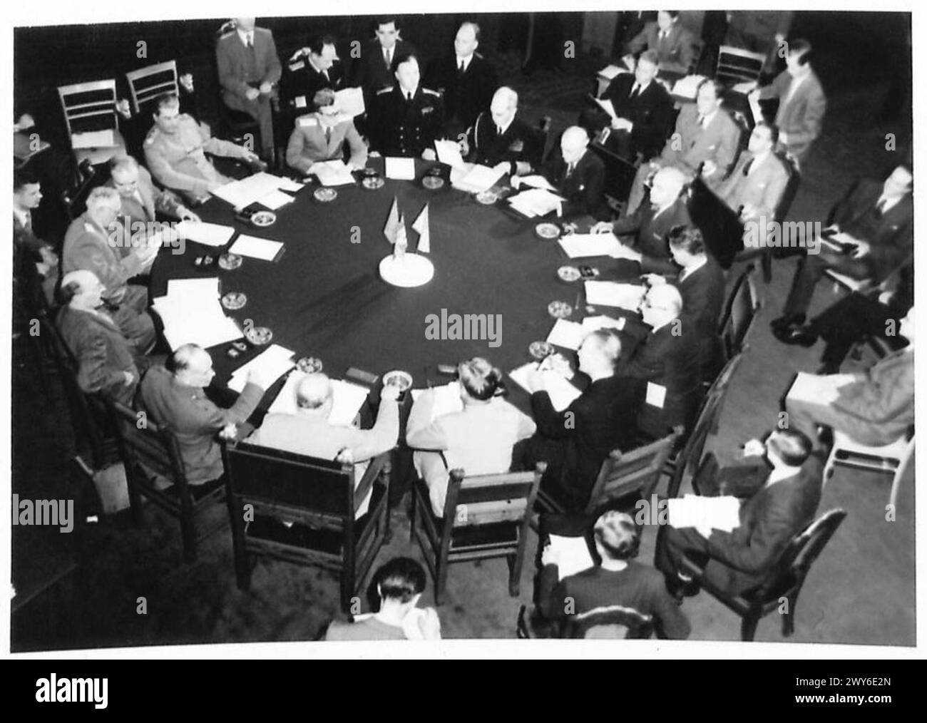 Allgemeine Ansichten zeigen, dass die Konferenz der drei großen Gruppen in der Sitzung stattfindet, an der die Führer der Alliierten teilnahmen. Stockfoto
