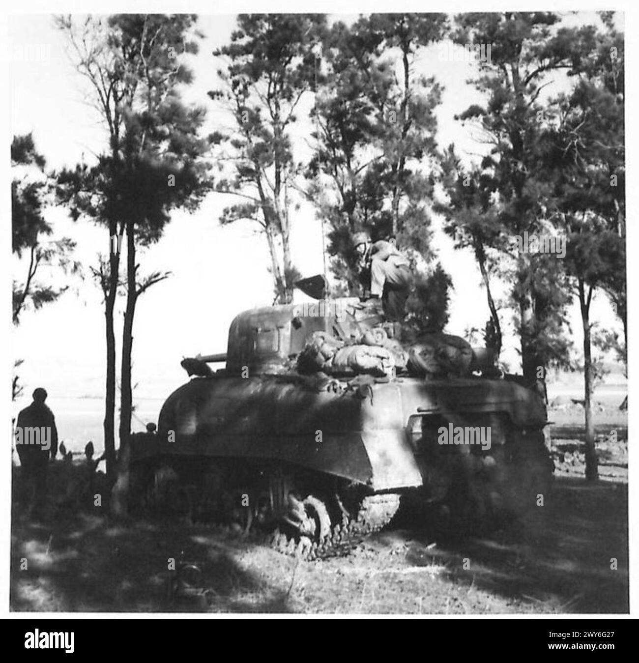 DIE US-ARMEE IM TUNESISCHEN FELDZUG, NOVEMBER 1942-MAI 1943, einer der amerikanischen Sherman-Panzer, benannt nach der Schlacht im Dezember 1942. Eine Aktion fand am Rande von Medjez el Bab statt, als 14 deutsche Panzer die Tabarka Road hinabstürzten, die führenden mit amerikanischen Markierungen. Sappers der Royal Engineers standen bereit, um zwei Brücken in die Luft zu sprengen, aber von amerikanischen Markierungen betrogen, taten dies nicht. Die meisten Ingenieure haben die britischen Linien müde und hungrig wiedererlangt. Während ihrer Versteck-Zeit wurden sie ständig von der feindlichen Panzerbesatzung gesucht. Diese Fotos wurden aufgenommen Stockfoto