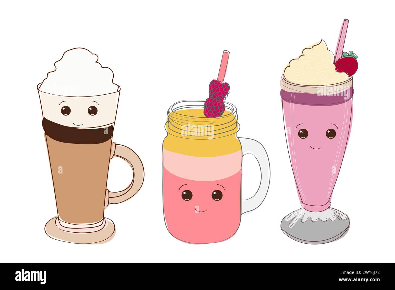 Drei Getränke sind abgebildet, auf denen jeweils ein eigenes Emoticon-Gesicht gezeichnet ist. Die Getränke scheinen verschiedene Emotionen oder Persönlichkeiten durch ihre Gesichtszüge auszudrücken Stock Vektor