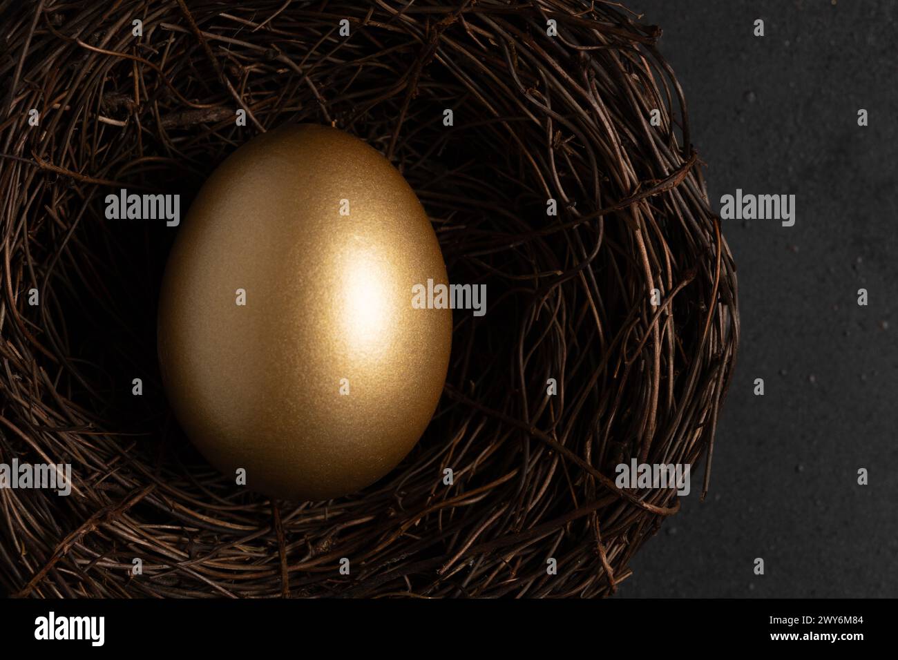 Nahaufnahme des goldenen Eies im Nest auf einem dunklen Tisch. Osterkonzept. Stockfoto