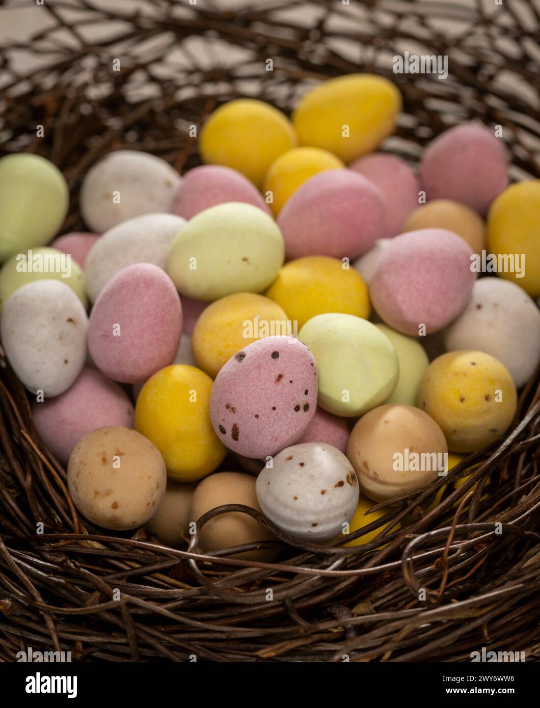 Nahaufnahme von bunten, zuckerüberzogenen Schokoladen-Mini-Eiern, die in einem künstlichen Vogelnest angeordnet sind. Stockfoto