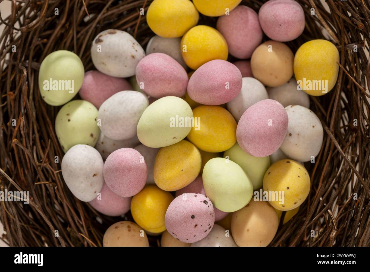 Nahaufnahme von bunten, zuckerüberzogenen Schokoladen-Mini-Eiern, die in einem künstlichen Vogelnest angeordnet sind. Stockfoto