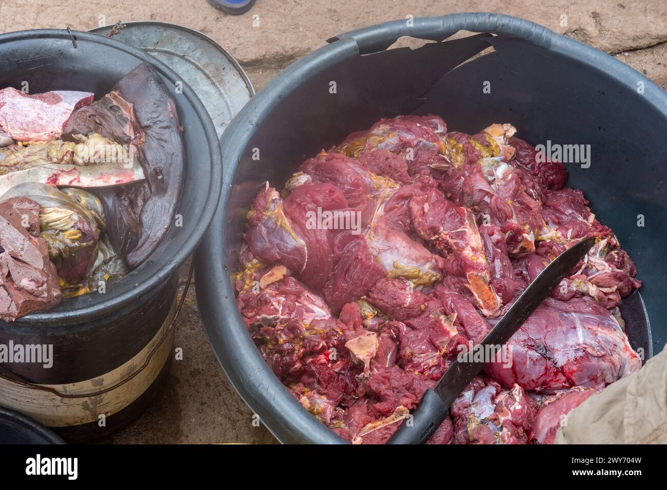 Foto von illegalem Schildkrötenfleisch zum Verkauf am Straßenrand in lateinamerika. Stockfoto