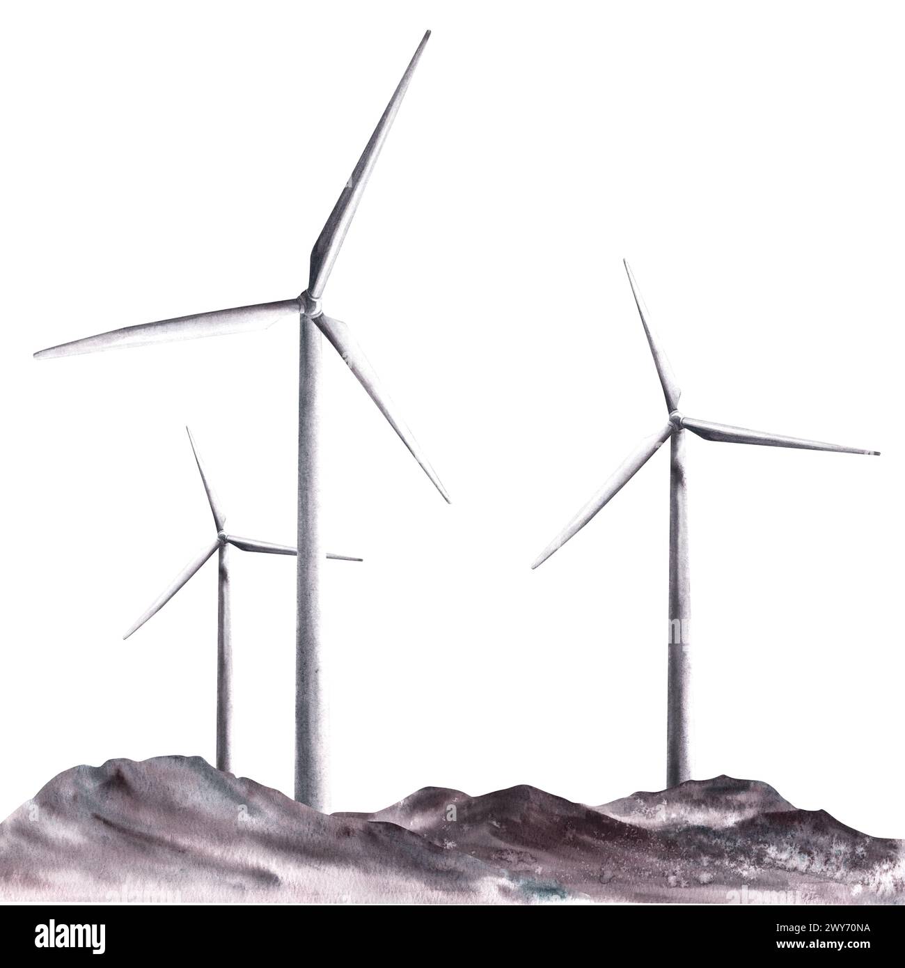 Einfarbige Landschaft mit Windmühlen, Windkraftanlagen auf Bergketten. Handgezeichnete Illustration, ECO Clipart zum Thema Klima Stockfoto