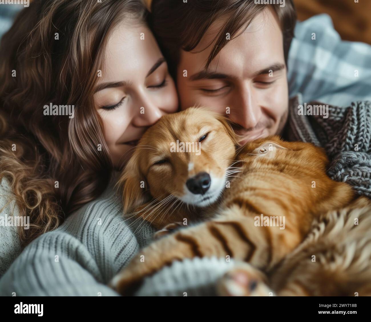 Ein Mann und eine Frau kuscheln sich liebevoll mit einem Hund und einer Katze. Stockfoto