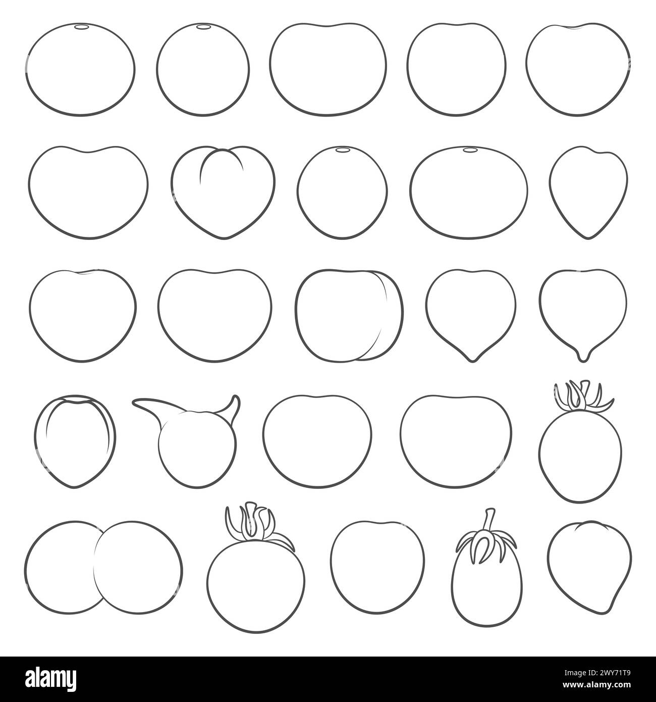 Satz von Schwarzweiß-Illustrationen mit Tomaten. Isolierte Vektorobjekte auf weißem Hintergrund. Stock Vektor