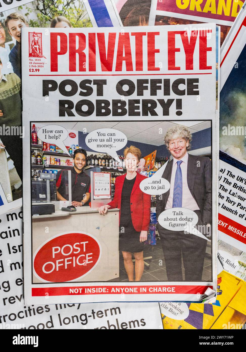 „Postraub!“ Titelseite des Magazins Private Eye in der Ausgabe vom 19. Januar bis 1. Februar 2024 (Nr. 1615). Stockfoto