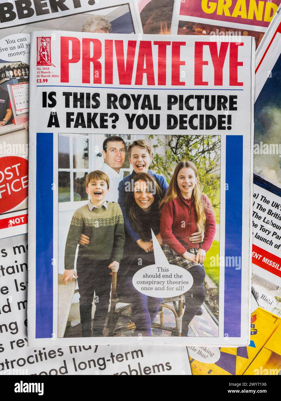 "Ist das Royal Picture eine Fälschung?" Titelseite des Magazins Private Eye in der Ausgabe vom 15-28. März 2024 (Nr. 1619) nach der Veröffentlichung des veränderten Royal-Fotos. Stockfoto