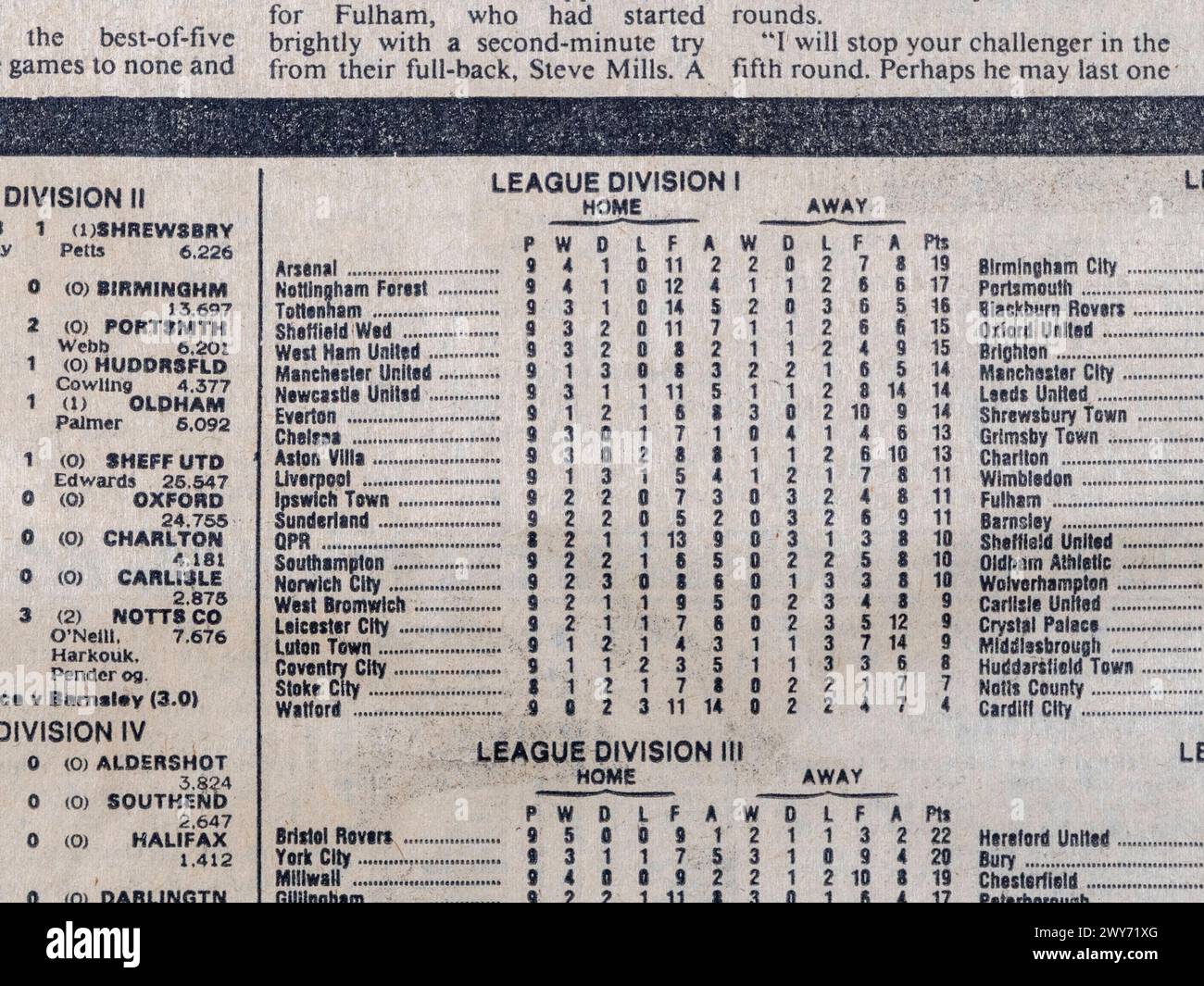 Tabelle der Football League Division 1 in der Sunday Times (Originalausgabe), 7. Oktober 1984. Stockfoto