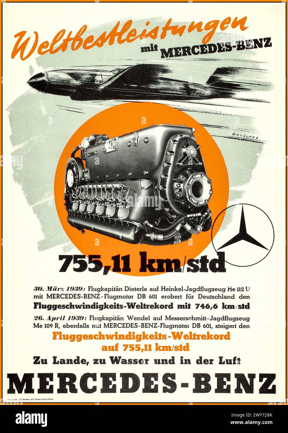 1940er Jahre Mercedes-Benz WW2 Plakatwerbung für Mercedes-Flugmotor in Nazi-Deutschland. „WELTWEIT beste LEISTUNG mit Mercedes-Benz' Bomberflugzeug Heinkel He 112U und Jagdflugzeug Messerschmitt ME 109R. Airspeed World Record 1939 ' Mercedes-Benz Stuttgart - Unterturkheim Nazi-Deutschland Zweiten Weltkrieg Daimler-Benz Aktiengesellschaft Stockfoto