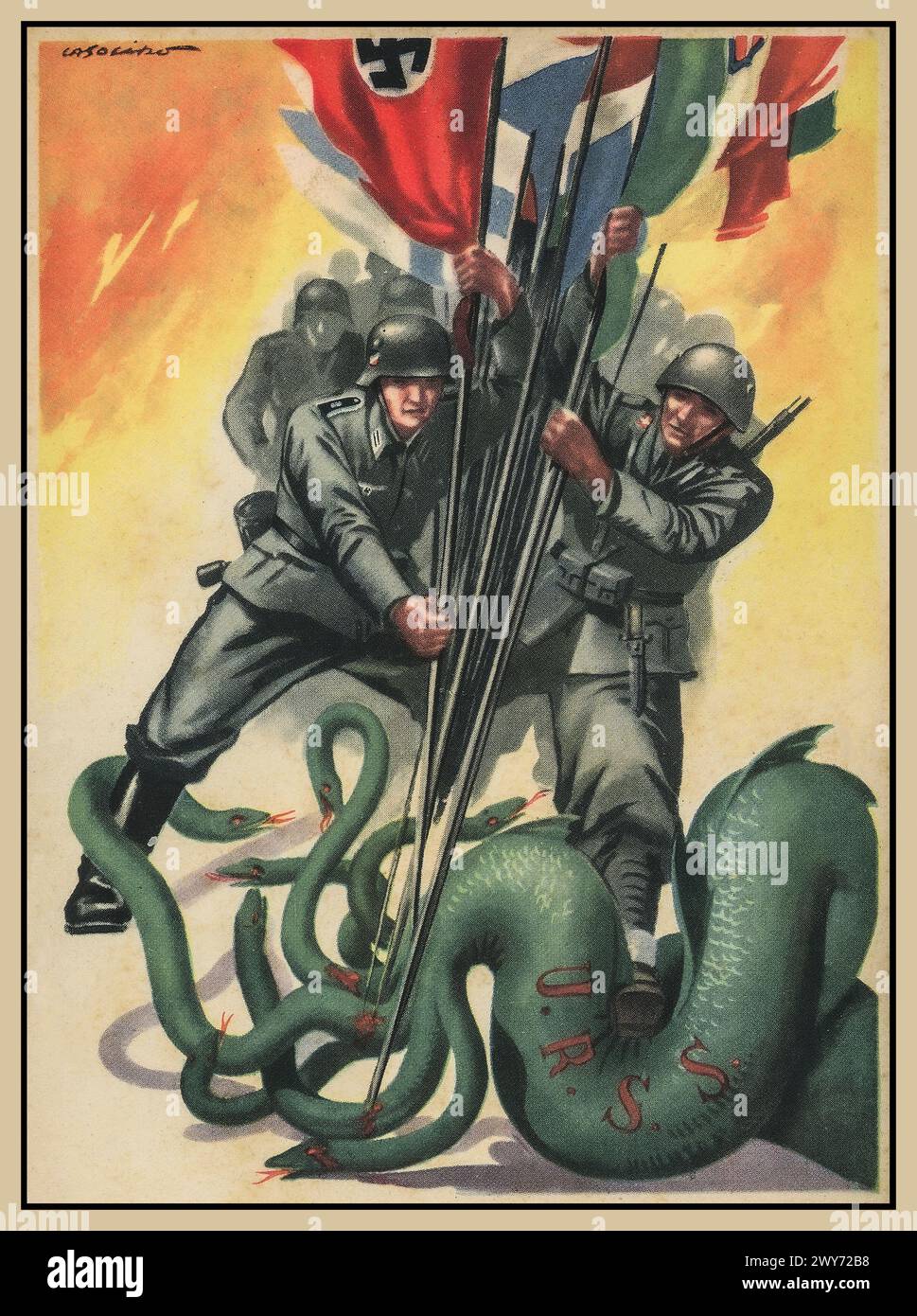 Propagandaplakat der Nazi-/Achsenmächte mit Wehrmacht Nazi-Deutschland und Soldaten der Achsenmächte, die gegen eine grüne Schlange der UdSSR kämpfen, verschiedene Fahnenfahnen der Achsenländer, darunter das Hakenkreuz, halten. 2. Weltkrieg 2. Weltkrieg 1940er Jahre Stockfoto