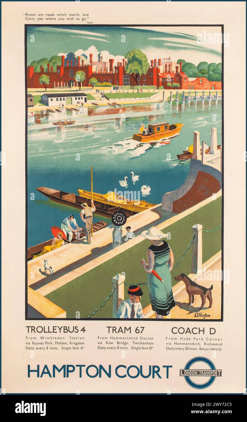 London Transport Poster aus den 1930er Jahren, auf dem Trolleybus, Tram und Bus nach Hampton Court vorgestellt werden. Mit Hampton Court Palace und der Themse Surrey Großbritannien 1934 Künstler Adrian Allinson Stockfoto