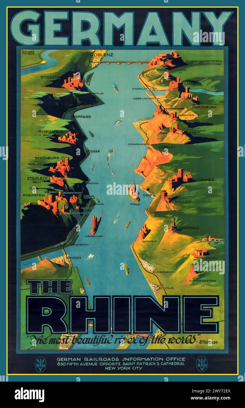 Vintage Deutschland-Reiseplakat aus den 1930er Jahren ''der Rhein'' vom Deutschen Eisenbahnbüro Fifth Avenue New York City USA Stockfoto