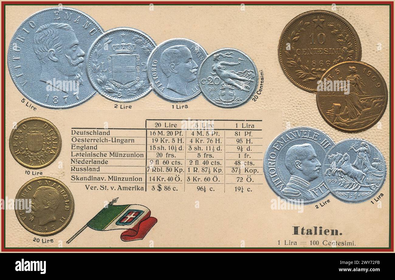 ITALIENISCHE WÄHRUNG C1910 Vintage Poster Karte mit historischem altem italienischem Geld Währung Lira Münzen. Mit Vittorio Emmanuel König von Italien. Tabelle für die Wechselkurse gegenüber anderen internationalen Währungen, DEUTSCHLAND, ÖSTERREICH, ENGLAND, NEDERLANDS, RUSSLAND, SKANDINAVIEN, AMERIKA Stockfoto