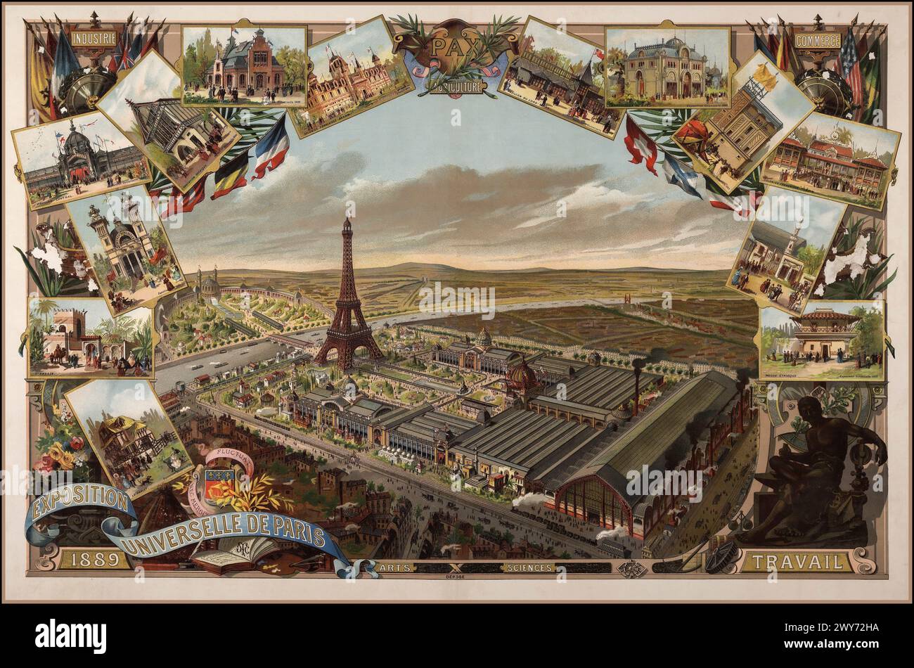 EIFFELTURM 1889 gebaut für Paris Universelle Ausstellung Worlds Fair 1889 Vintage Historic Poster Retro Card, feiert Kunst, Wissenschaft, Handel, Landwirtschaft, Industrie, Arbeit. Paris Frankreich 1800er Jahre Stockfoto