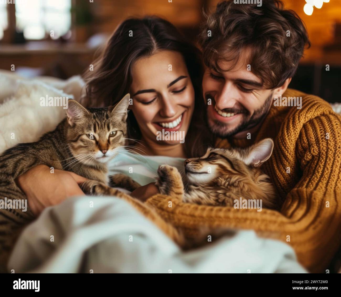 Ein Mann und eine Frau kuscheln liebevoll mit zwei Katzen. Stockfoto