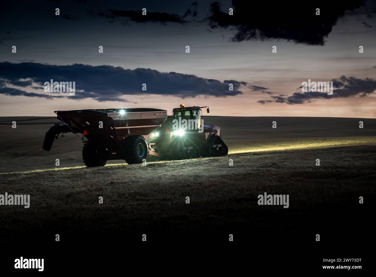 Rocky View County Alberta Kanada, 02. Oktober 2023: Bauern arbeiten spät ins Licht, während sie eine Ernte mit funktionierenden Traktoren und Leuchten am Nig ernten Stockfoto