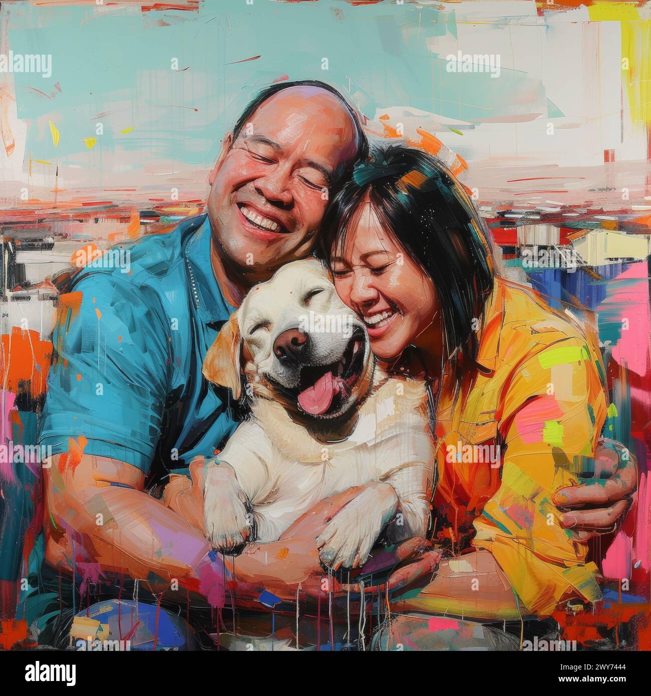 Ein Mann und eine Frau umarmen einen Hund in einer warmen Umarmung. Stockfoto
