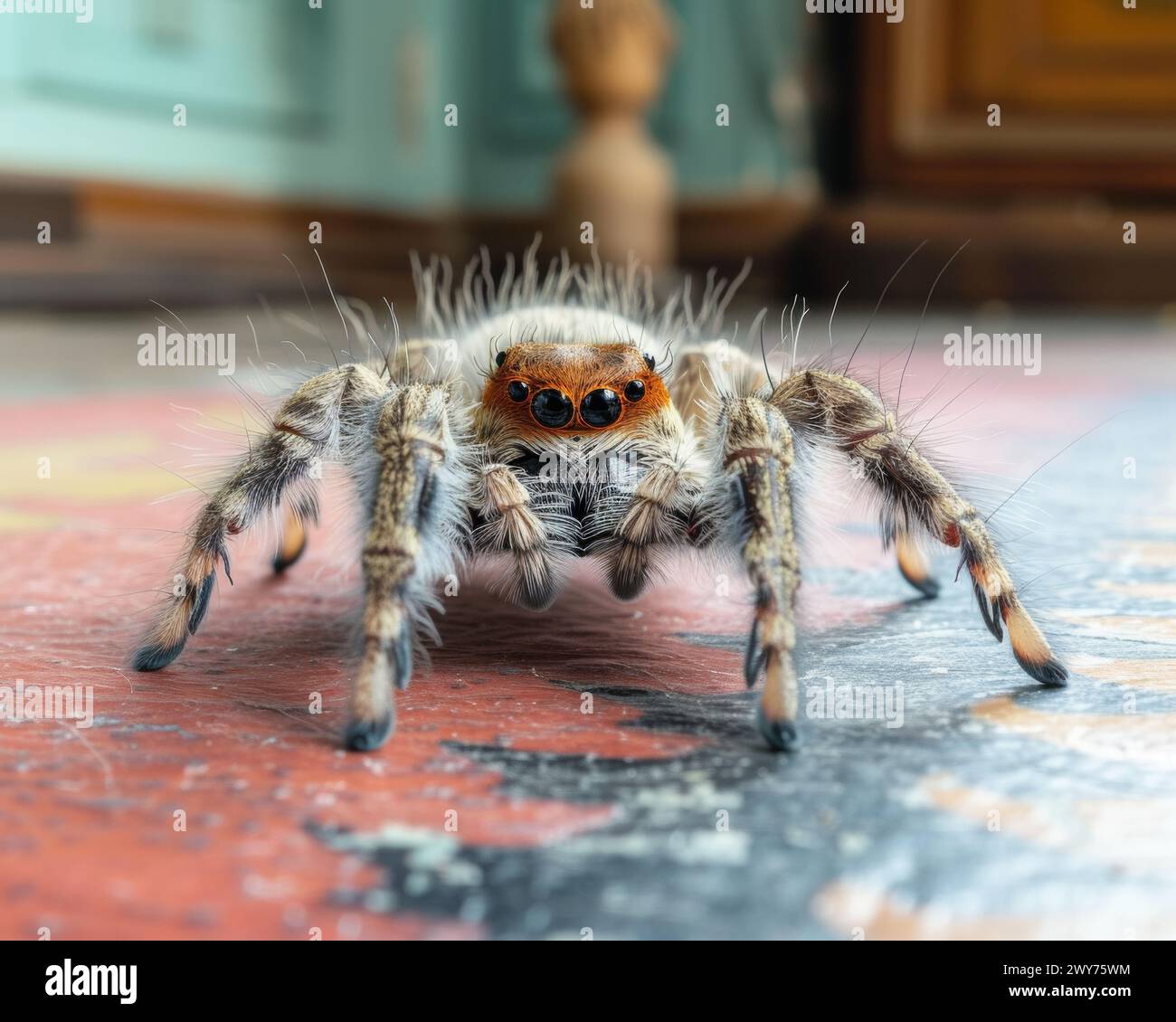 Detaillierte Ansicht der Spinne, die auf dem Boden kriecht. Stockfoto