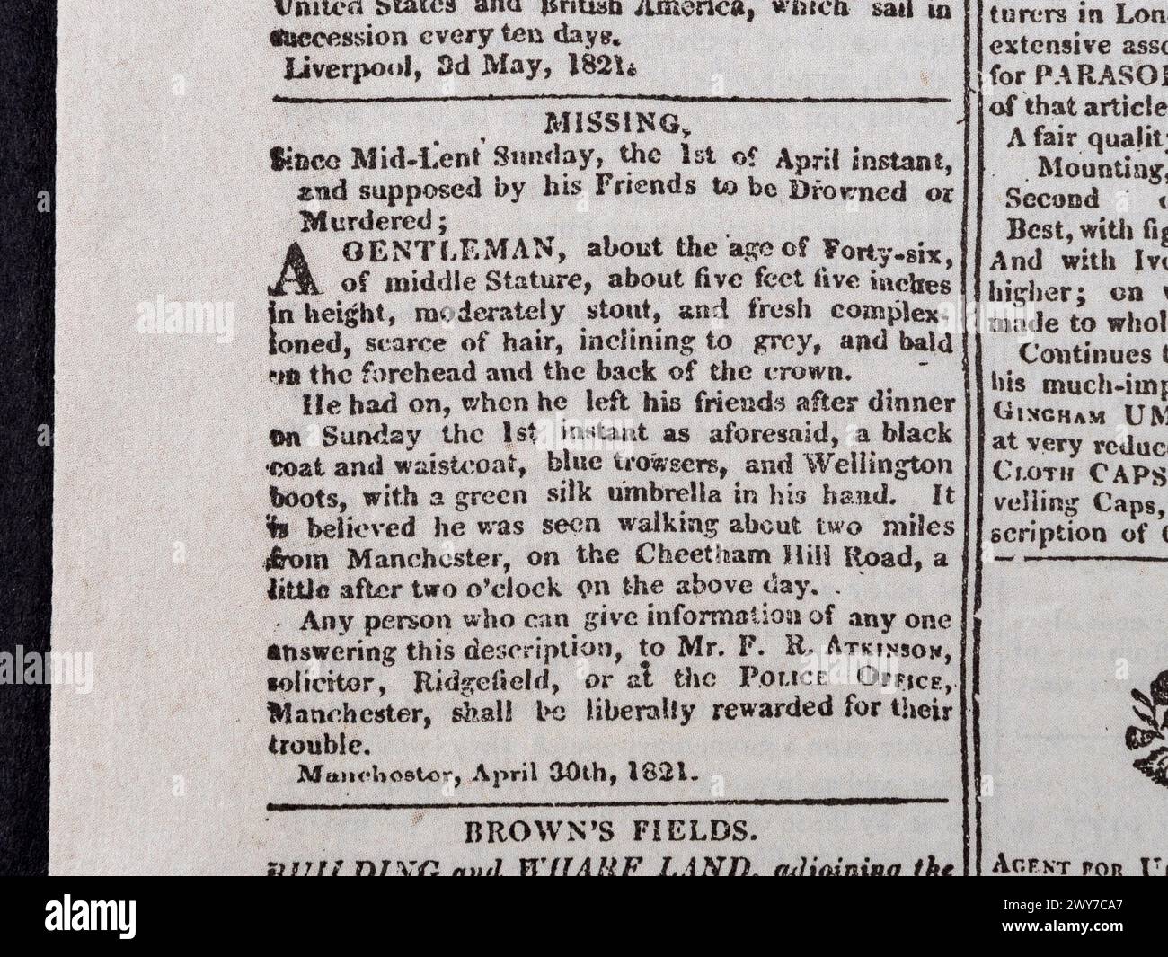 Hinweis auf der Suche nach einer vermissten Person mit Beschreibung, im Manchester Guardian (Replik), Samstag, 5. Mai 1821. Stockfoto