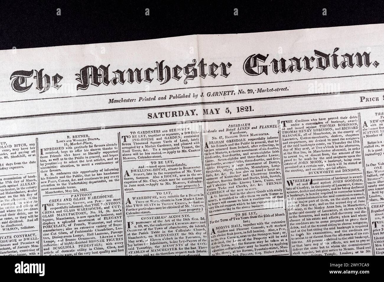 The Masthead in the Manchester Guardian (Nachbildung), Samstag, 5. Mai 1821. Stockfoto