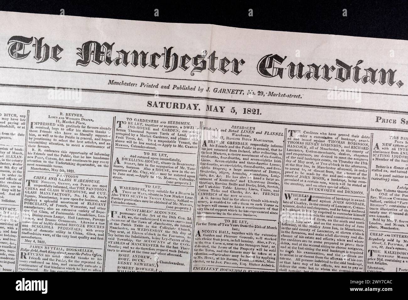 The Masthead in the Manchester Guardian (Nachbildung), Samstag, 5. Mai 1821. Stockfoto
